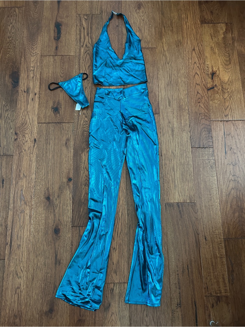 Women's Teal Metallic Halter Top and Flare Pants and Thong Set - Mermaid Style